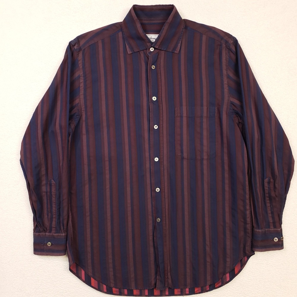 Brioni Button Up Shirt Mens Medium Navy Burgundy Stripe Herringbone Italy Luxury